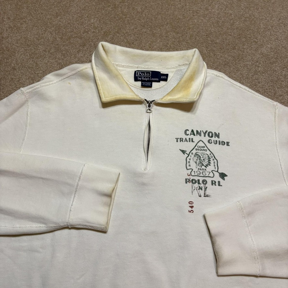 Vtg Polo Ralph Lauren Sweatshirt Mens 2XL White 1/4 Zip‎ Canyon Trail Guide 90s